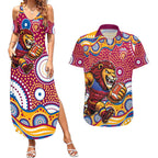 Brisbane Lions Couples Matching Summer Maxi Dress and Hawaiian Shirt Aboriginal Dot Pattern - Football Mascot Heritage Pride