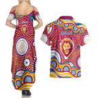 Brisbane Lions Couples Matching Summer Maxi Dress and Hawaiian Shirt Aboriginal Dot Pattern - Football Mascot Heritage Pride
