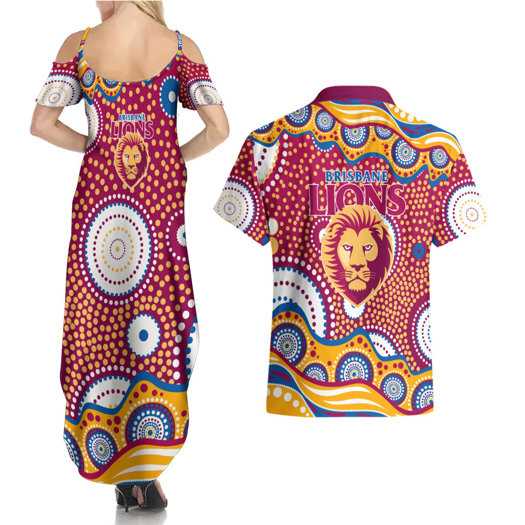 Brisbane Lions Couples Matching Summer Maxi Dress and Hawaiian Shirt Aboriginal Dot Pattern - Football Mascot Heritage Pride