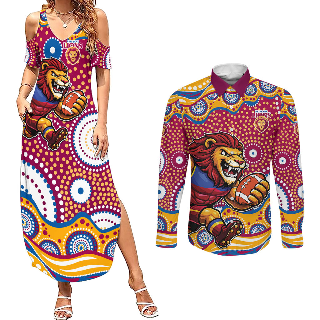 Brisbane Lions Couples Matching Summer Maxi Dress and Long Sleeve Button Shirt Aboriginal Dot Pattern - Football Mascot Heritage Pride
