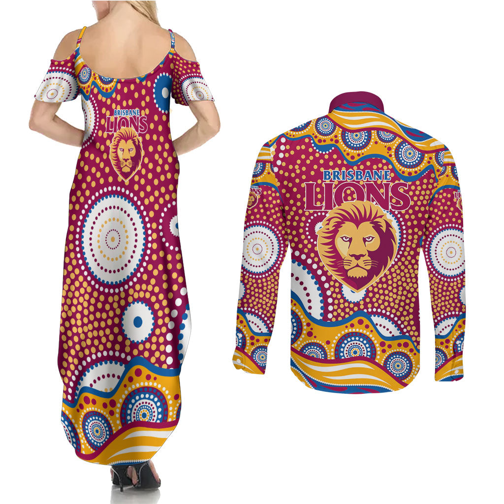 Brisbane Lions Couples Matching Summer Maxi Dress and Long Sleeve Button Shirt Aboriginal Dot Pattern - Football Mascot Heritage Pride
