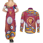 Brisbane Lions Couples Matching Summer Maxi Dress and Long Sleeve Button Shirt Aboriginal Dot Pattern - Football Mascot Heritage Pride