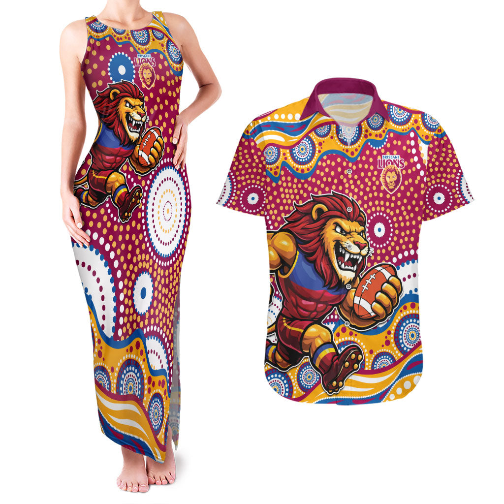 Brisbane Lions Couples Matching Tank Maxi Dress and Hawaiian Shirt Aboriginal Dot Pattern - Football Mascot Heritage Pride