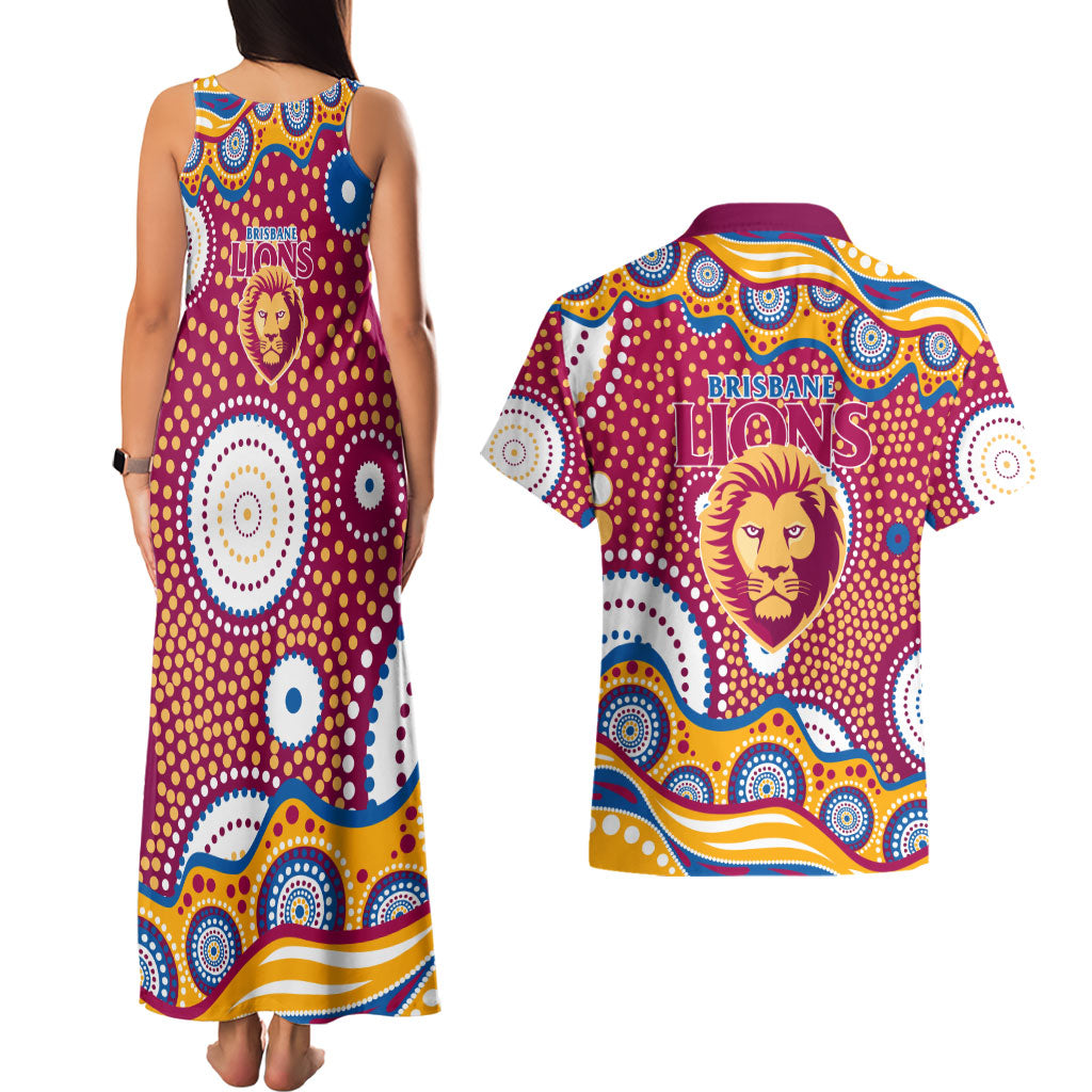 Brisbane Lions Couples Matching Tank Maxi Dress and Hawaiian Shirt Aboriginal Dot Pattern - Football Mascot Heritage Pride
