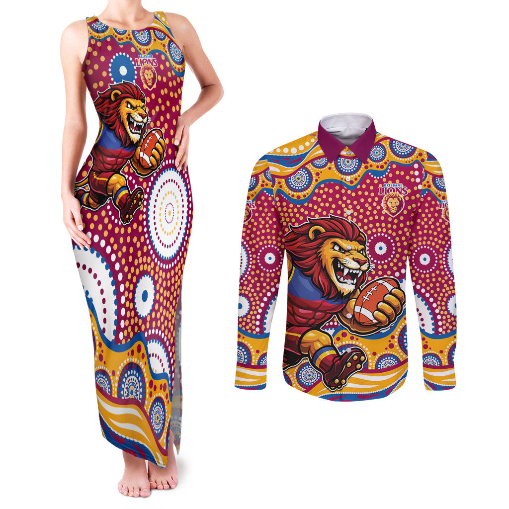 Brisbane Lions Couples Matching Tank Maxi Dress and Long Sleeve Button Shirt Aboriginal Dot Pattern - Football Mascot Heritage Pride