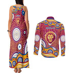 Brisbane Lions Couples Matching Tank Maxi Dress and Long Sleeve Button Shirt Aboriginal Dot Pattern - Football Mascot Heritage Pride