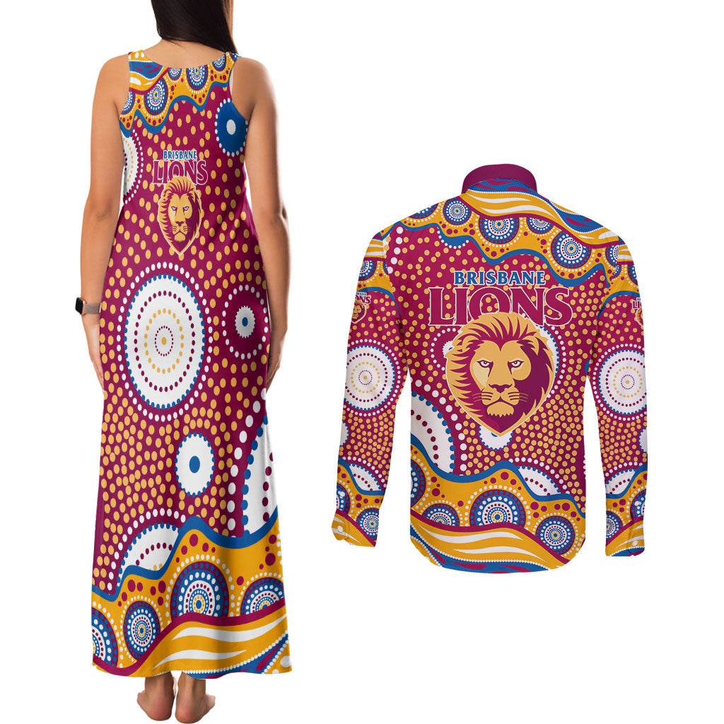 Brisbane Lions Couples Matching Tank Maxi Dress and Long Sleeve Button Shirt Aboriginal Dot Pattern - Football Mascot Heritage Pride