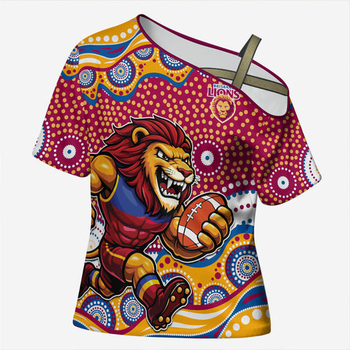Brisbane Lions Cross Shoulder Shirt Aboriginal Dot Pattern - Football Mascot Heritage Pride
