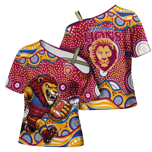 Brisbane Lions Cross Shoulder Shirt Aboriginal Dot Pattern - Football Mascot Heritage Pride