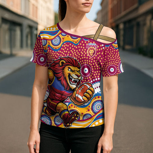Brisbane Lions Cross Shoulder Shirt Aboriginal Dot Pattern - Football Mascot Heritage Pride