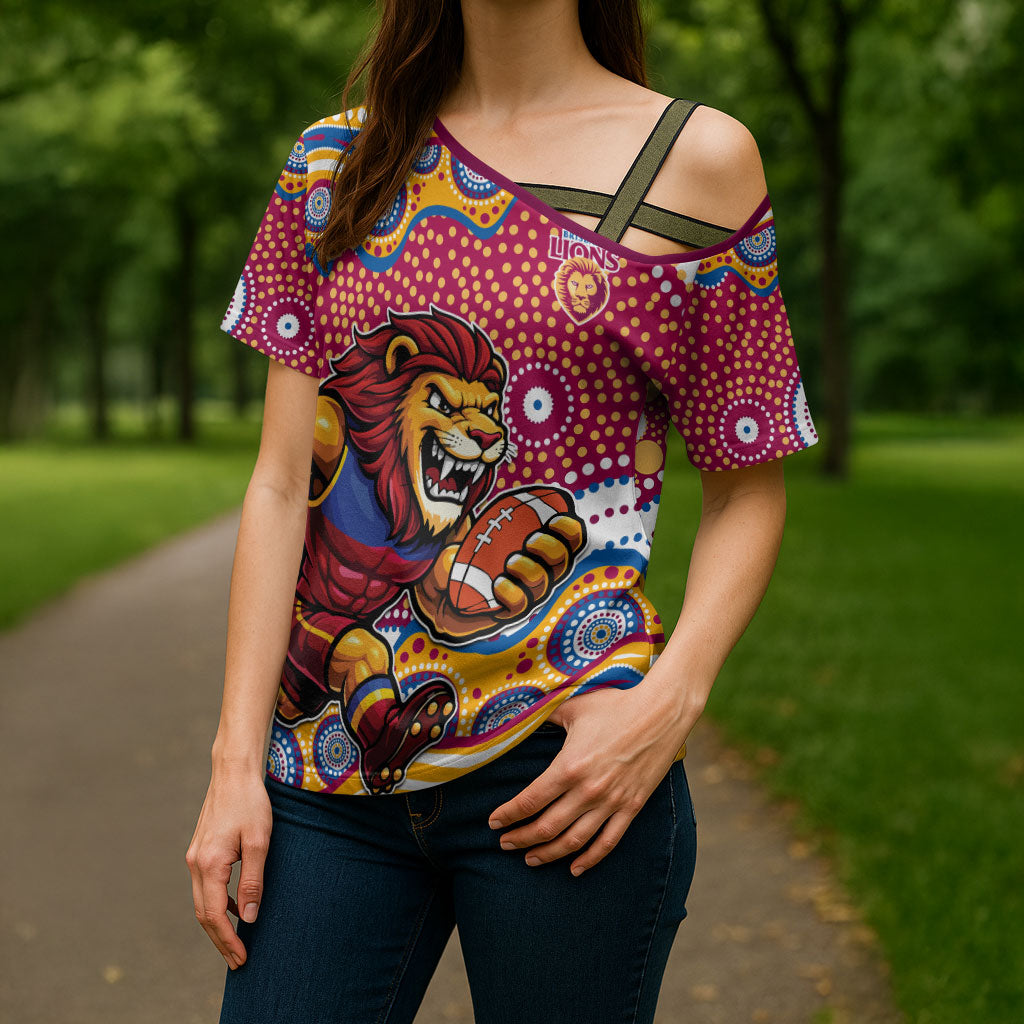 Brisbane Lions Cross Shoulder Shirt Aboriginal Dot Pattern - Football Mascot Heritage Pride