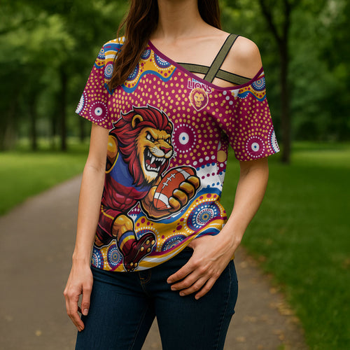 Brisbane Lions Cross Shoulder Shirt Aboriginal Dot Pattern - Football Mascot Heritage Pride