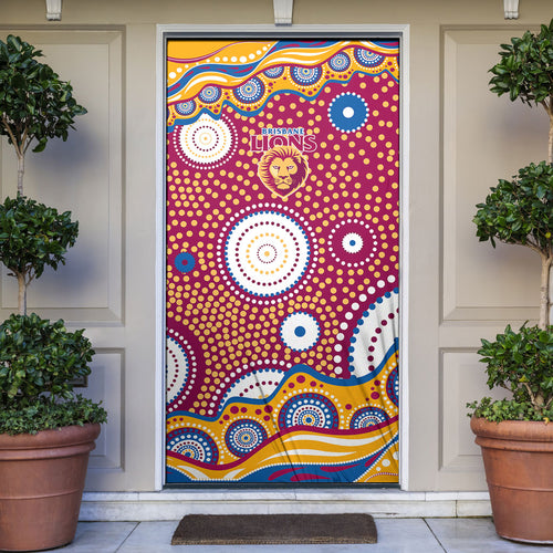 Brisbane Lions Door Cover Aboriginal Dot Pattern - Football Mascot Heritage Pride