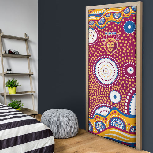 Brisbane Lions Door Cover Aboriginal Dot Pattern - Football Mascot Heritage Pride