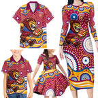 Brisbane Lions Family Matching Long Sleeve Bodycon Dress and Hawaiian Shirt Aboriginal Dot Pattern - Football Mascot Heritage Pride