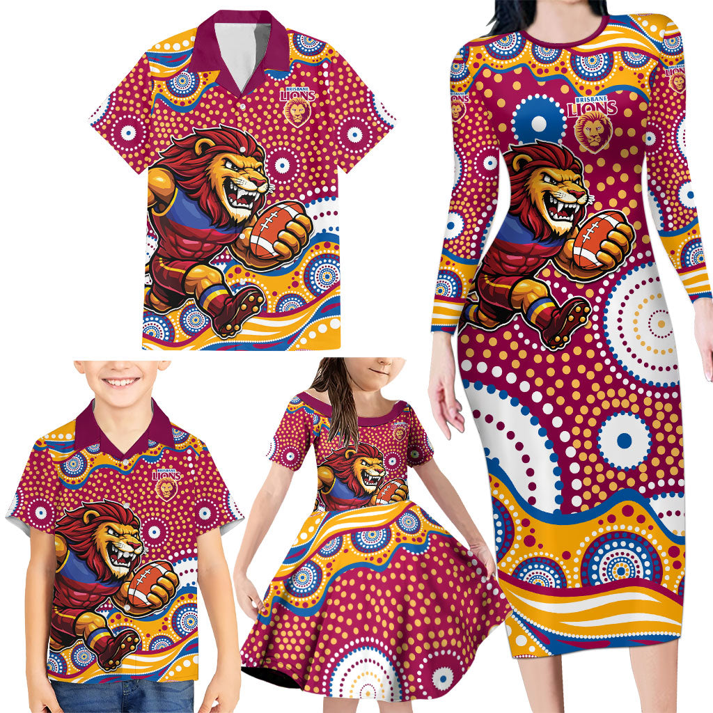 Brisbane Lions Family Matching Long Sleeve Bodycon Dress and Hawaiian Shirt Aboriginal Dot Pattern - Football Mascot Heritage Pride