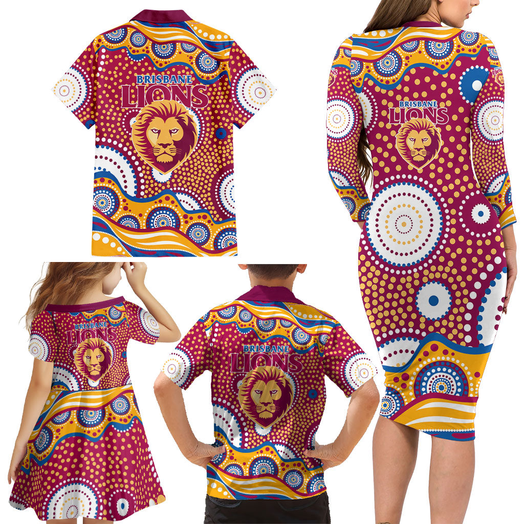 Brisbane Lions Family Matching Long Sleeve Bodycon Dress and Hawaiian Shirt Aboriginal Dot Pattern - Football Mascot Heritage Pride