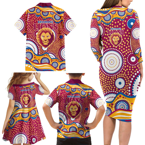 Brisbane Lions Family Matching Long Sleeve Bodycon Dress and Hawaiian Shirt Aboriginal Dot Pattern - Football Mascot Heritage Pride