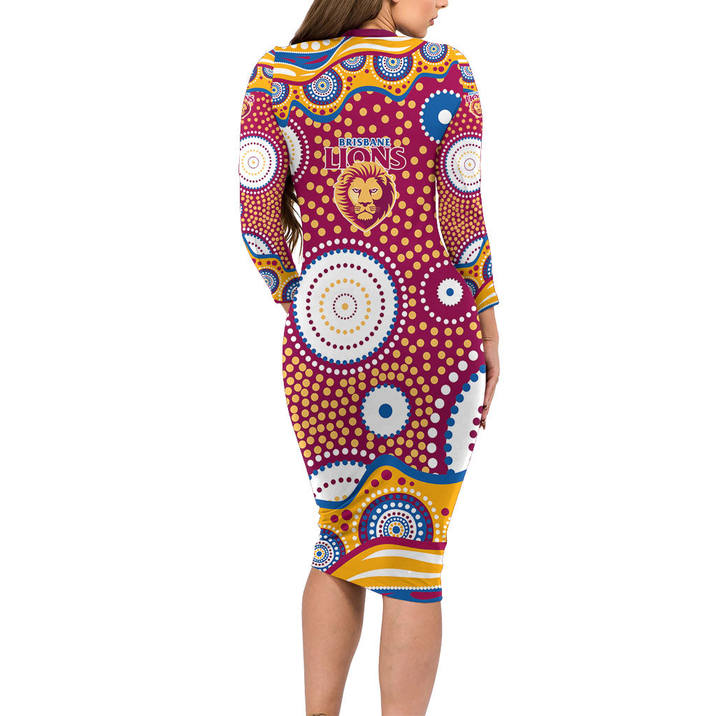 Brisbane Lions Family Matching Long Sleeve Bodycon Dress and Hawaiian Shirt Aboriginal Dot Pattern - Football Mascot Heritage Pride