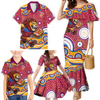 Brisbane Lions Family Matching Mermaid Dress and Hawaiian Shirt Aboriginal Dot Pattern - Football Mascot Heritage Pride
