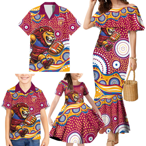 Brisbane Lions Family Matching Mermaid Dress and Hawaiian Shirt Aboriginal Dot Pattern - Football Mascot Heritage Pride