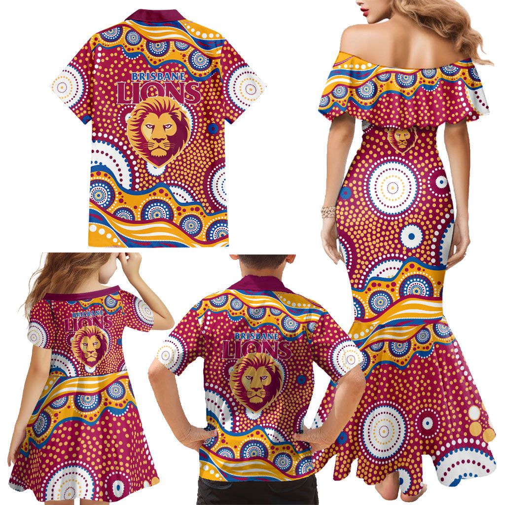 Brisbane Lions Family Matching Mermaid Dress and Hawaiian Shirt Aboriginal Dot Pattern - Football Mascot Heritage Pride