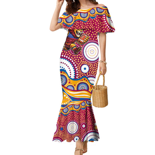 Brisbane Lions Family Matching Mermaid Dress and Hawaiian Shirt Aboriginal Dot Pattern - Football Mascot Heritage Pride