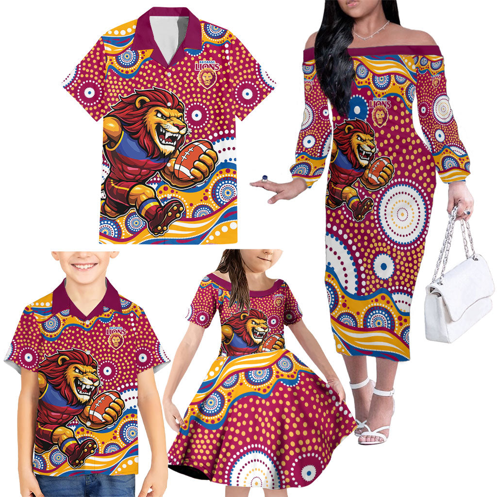 Brisbane Lions Family Matching Off The Shoulder Long Sleeve Dress and Hawaiian Shirt Aboriginal Dot Pattern - Football Mascot Heritage Pride