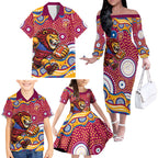 Brisbane Lions Family Matching Off The Shoulder Long Sleeve Dress and Hawaiian Shirt Aboriginal Dot Pattern - Football Mascot Heritage Pride