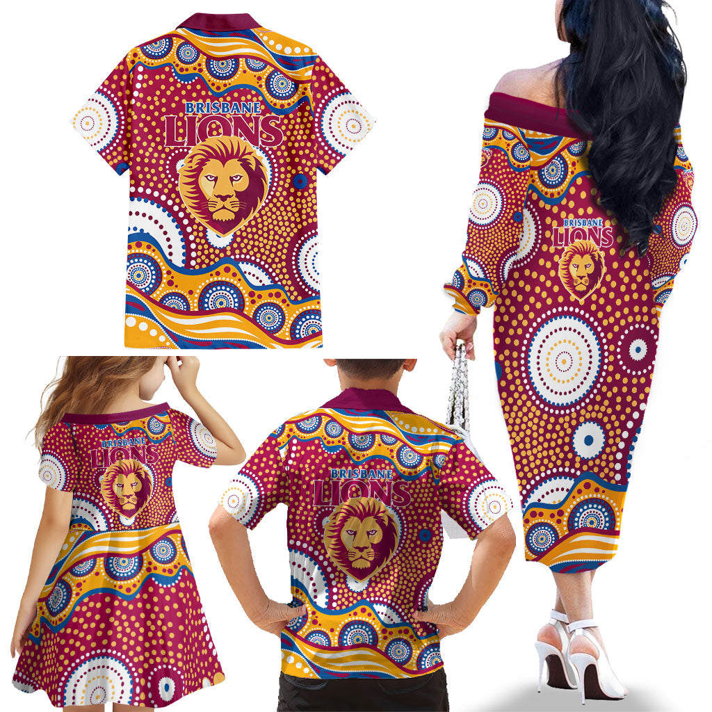 Brisbane Lions Family Matching Off The Shoulder Long Sleeve Dress and Hawaiian Shirt Aboriginal Dot Pattern - Football Mascot Heritage Pride