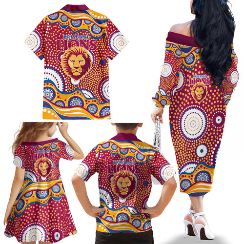 Brisbane Lions Family Matching Off The Shoulder Long Sleeve Dress and Hawaiian Shirt Aboriginal Dot Pattern - Football Mascot Heritage Pride