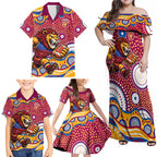 Brisbane Lions Family Matching Off Shoulder Maxi Dress and Hawaiian Shirt Aboriginal Dot Pattern - Football Mascot Heritage Pride