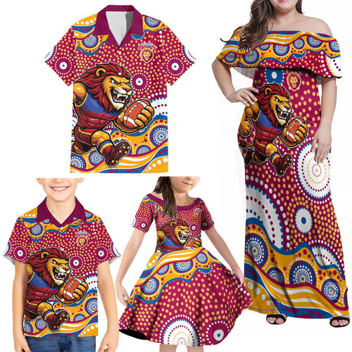 Brisbane Lions Family Matching Off Shoulder Maxi Dress and Hawaiian Shirt Aboriginal Dot Pattern - Football Mascot Heritage Pride