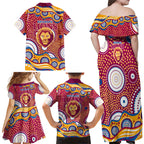 Brisbane Lions Family Matching Off Shoulder Maxi Dress and Hawaiian Shirt Aboriginal Dot Pattern - Football Mascot Heritage Pride