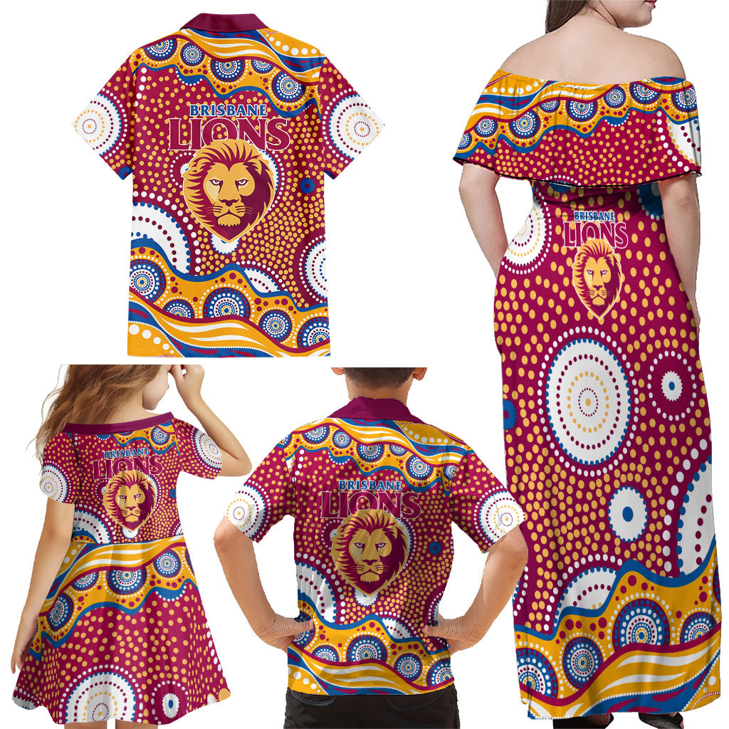 Brisbane Lions Family Matching Off Shoulder Maxi Dress and Hawaiian Shirt Aboriginal Dot Pattern - Football Mascot Heritage Pride