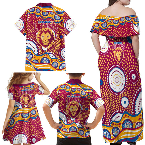Brisbane Lions Family Matching Off Shoulder Maxi Dress and Hawaiian Shirt Aboriginal Dot Pattern - Football Mascot Heritage Pride