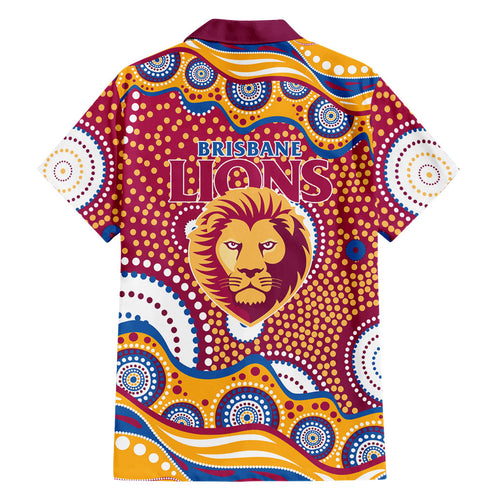 Brisbane Lions Family Matching Off Shoulder Maxi Dress and Hawaiian Shirt Aboriginal Dot Pattern - Football Mascot Heritage Pride