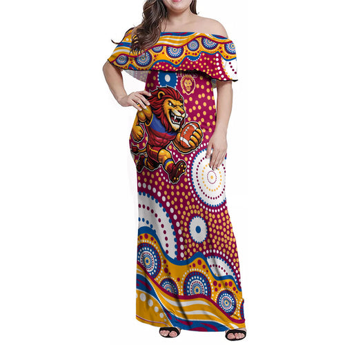 Brisbane Lions Family Matching Off Shoulder Maxi Dress and Hawaiian Shirt Aboriginal Dot Pattern - Football Mascot Heritage Pride