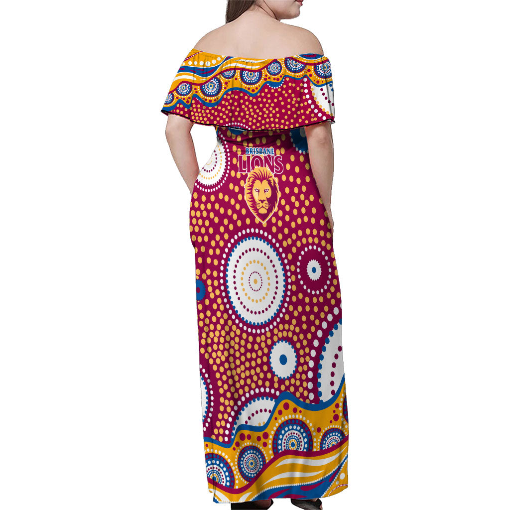 Brisbane Lions Family Matching Off Shoulder Maxi Dress and Hawaiian Shirt Aboriginal Dot Pattern - Football Mascot Heritage Pride