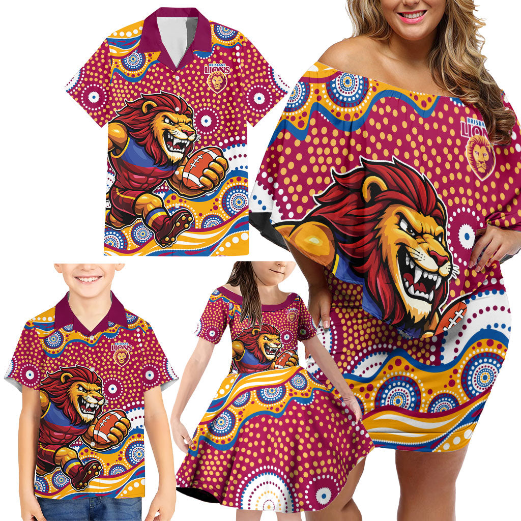 Brisbane Lions Family Matching Off Shoulder Short Dress and Hawaiian Shirt Aboriginal Dot Pattern - Football Mascot Heritage Pride