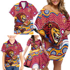 Brisbane Lions Family Matching Off Shoulder Short Dress and Hawaiian Shirt Aboriginal Dot Pattern - Football Mascot Heritage Pride