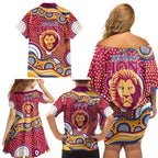 Brisbane Lions Family Matching Off Shoulder Short Dress and Hawaiian Shirt Aboriginal Dot Pattern - Football Mascot Heritage Pride