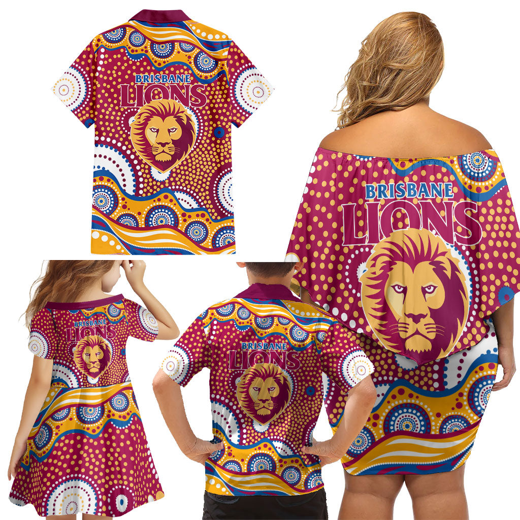 Brisbane Lions Family Matching Off Shoulder Short Dress and Hawaiian Shirt Aboriginal Dot Pattern - Football Mascot Heritage Pride