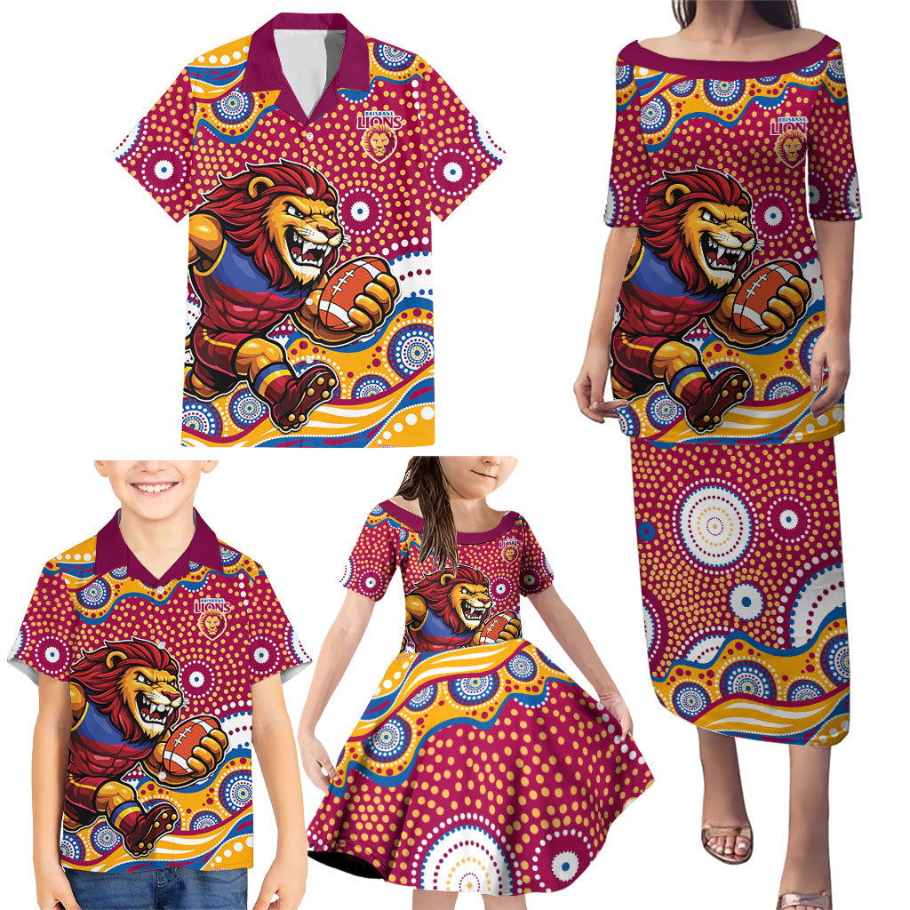 Brisbane Lions Family Matching Puletasi and Hawaiian Shirt Aboriginal Dot Pattern - Football Mascot Heritage Pride
