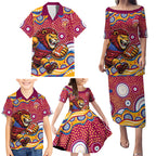 Brisbane Lions Family Matching Puletasi and Hawaiian Shirt Aboriginal Dot Pattern - Football Mascot Heritage Pride