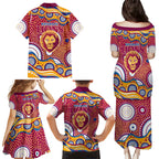 Brisbane Lions Family Matching Puletasi and Hawaiian Shirt Aboriginal Dot Pattern - Football Mascot Heritage Pride