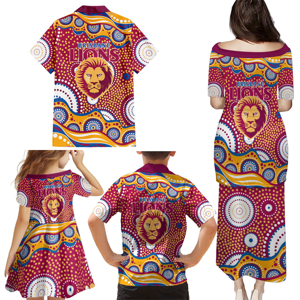 Brisbane Lions Family Matching Puletasi and Hawaiian Shirt Aboriginal Dot Pattern - Football Mascot Heritage Pride