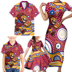 Brisbane Lions Family Matching Short Sleeve Bodycon Dress and Hawaiian Shirt Aboriginal Dot Pattern - Football Mascot Heritage Pride