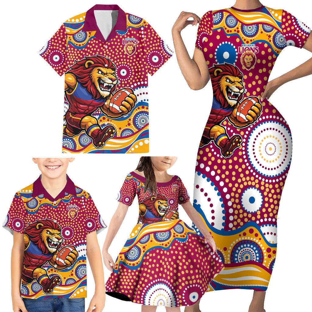 Brisbane Lions Family Matching Short Sleeve Bodycon Dress and Hawaiian Shirt Aboriginal Dot Pattern - Football Mascot Heritage Pride