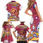 Brisbane Lions Family Matching Short Sleeve Bodycon Dress and Hawaiian Shirt Aboriginal Dot Pattern - Football Mascot Heritage Pride